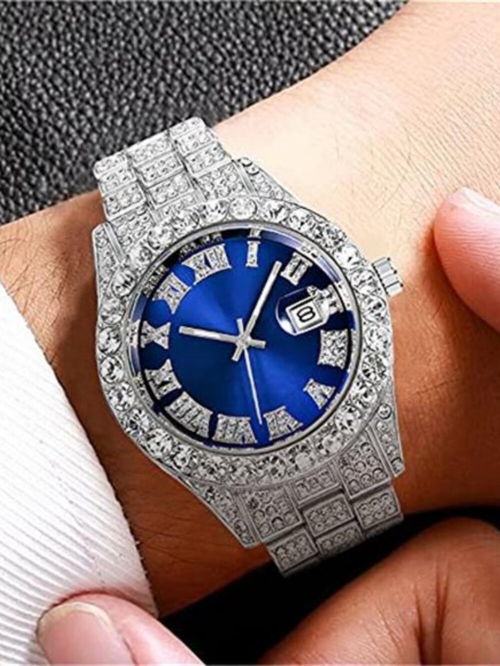 Men's Diamond Watch Fashion Crystal Rhinestone Quartz Analog Watch - Picture 4 of 5